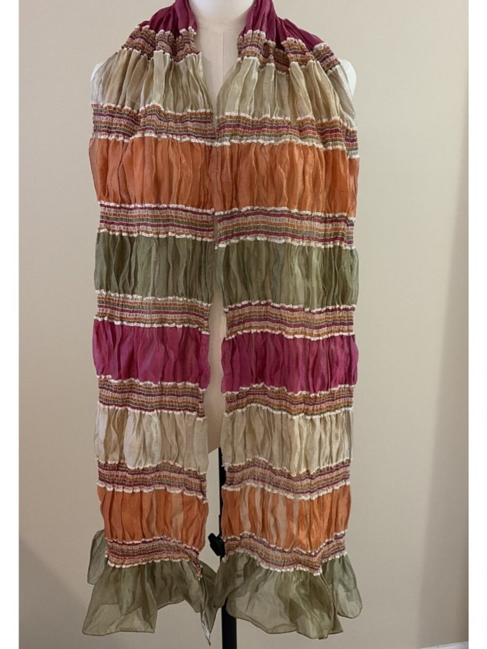 Vintage Fabrikant Crinkled Silk Blend Scarf Wrap Colorful Smocked Embroidered